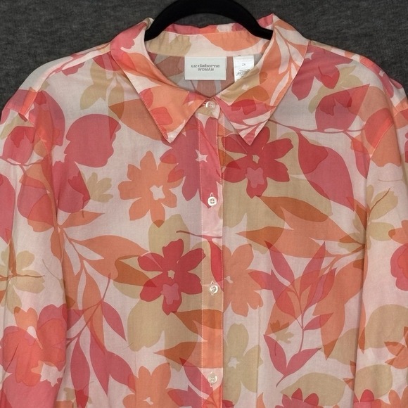 Liz Claiborne Woman 2X Blouse Button Front Floral Print 100% Cotton Long Sleeve - Picture 2 of 15